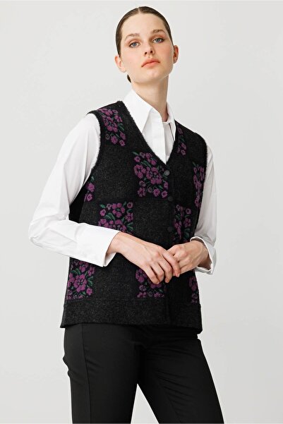 Desen Triko Women's Pıtırcık Floral Patchwork Felt Wool Vest Black_A.Purple