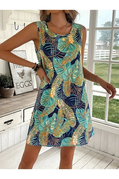 JANES Women's Zero Sleeve Round Neck Patterned Single Jersey Dress