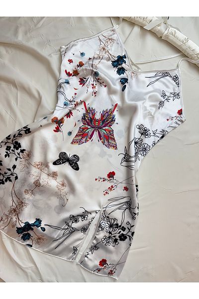 ROZENİN LINGERIE Basic Patterned Cross Back Satin Mini Dress Nightgown