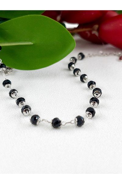 Siya Silver Black Natural Stone Steel Anklet