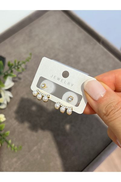 VİYA Gold Pearl Stone Steel Earrings