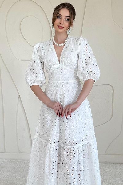 Elbee Fashion Woman Balloon Sleeve Detailed Low-Cut Brode Dress