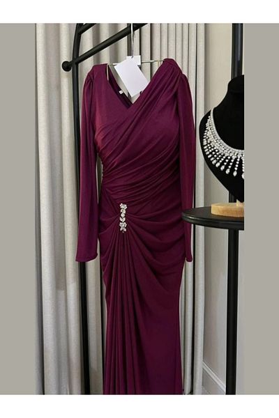Nice Model Burgundy Wrap Maxi Dress with Crystal Embellishment - Long Sleeve Evening Gown