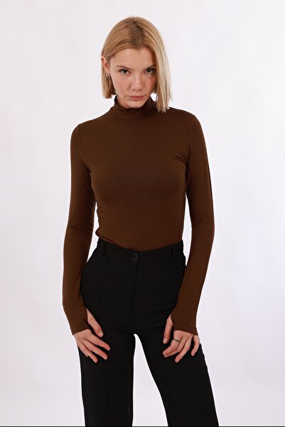 Yade Fashion Kadın Parmak Detaylı Body – Kahverengi