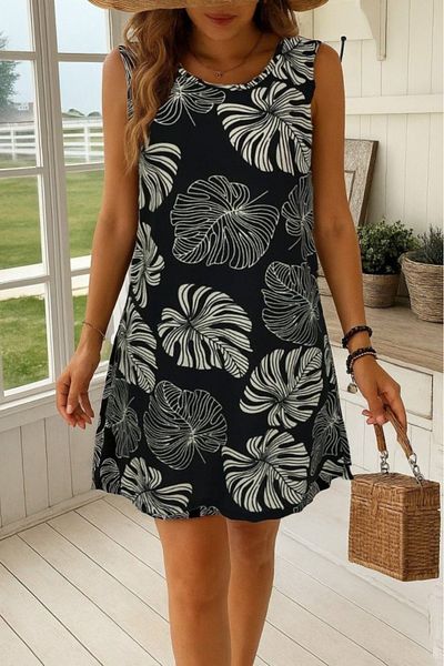 JANES Women's Zero Sleeve Round Neck Patterned Single Jersey Dress