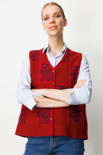 Desen Triko Women's Pıtırcık Floral Patchwork Felt Wool Vest Y.Red_K.Plum