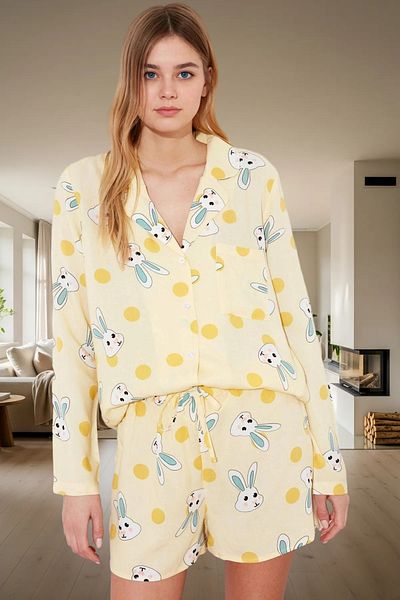 PayBuy Women's Rabbit Pattern Viscose Pajamas Set with Shorts Buttoned Regular Fit Comfortable Home Wear Stylish Appearance