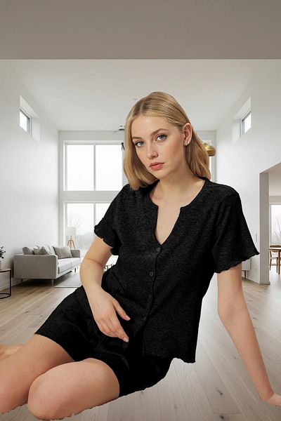 PayBuy Women's Melange Knitted Pajamas Set Button-Down Shirt and Shorts Elegant Design Comfortable Use