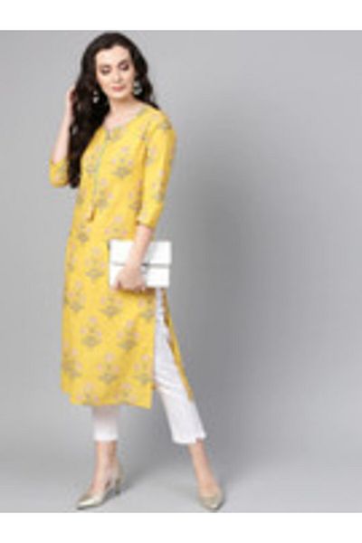 IndHeritage Premium cotton office / casual kurti - Yellow kurti / kurta for women with ethnic prints