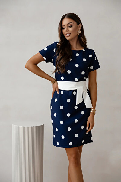 UniqueStore.ro Тъмносиня рокля с бели точки и връзки на талията
