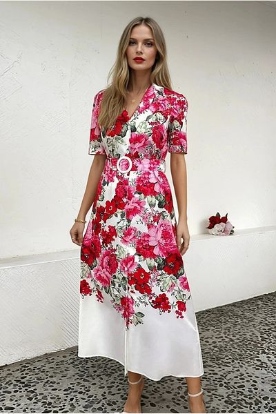 UniqueStore.ro Rochie lungă cu imprimeu floral și curea în talie