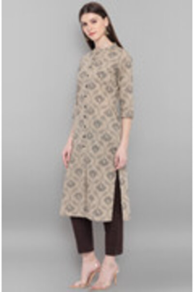 IndHeritage Premium cotton office / casual kurti - Light grey kurti / kurta for women with balck ethnic prints