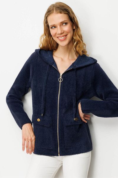 Desen Triko Women's Hooded Zippered Short Knitwear Sweatshirt Navy Blue