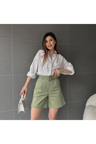 Budi Bird Eye Belted Wide Leg Mom Shorts - Khaki