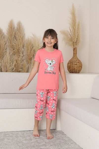 KAPİTEX Mother Daughter Short Sleeve Crew Neck Kuala Printed Pink Color Girls Pajamas Set