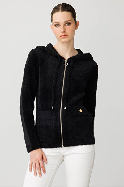 Desen Triko Women's Hooded Zippered Short Knitwear Sweatshirt Black