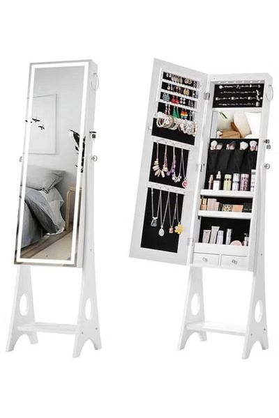 Comfy WHITE FLOOR LENGTH LOCKABLE CLASSIC JEWELLERY CABINET MIRROR
