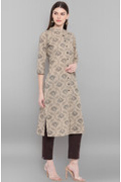 IndHeritage Premium cotton office / casual kurti - Light grey kurti / kurta for women with balck ethnic prints