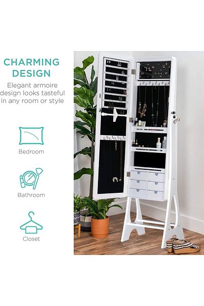 Comfy CLASSIC STANDING LOCKABLE WHITE JEWELLERY CABINET MIRROR