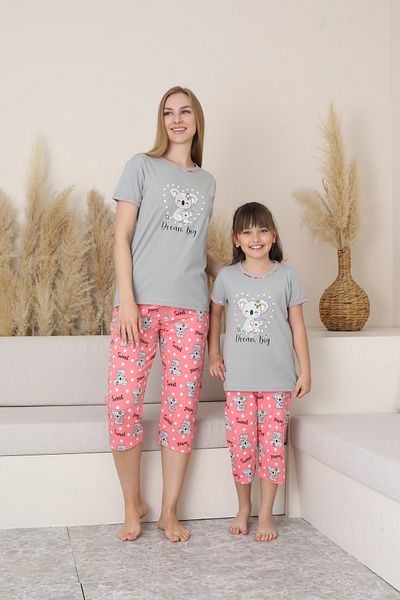 KAPİTEX Mother Daughter Short Sleeve Crew Neck Kuala Printed Gray Color Girls Pajamas Set