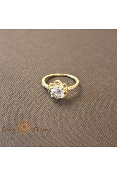 saratremo Flower Ring with Faceted Zircon Crystal - 14k Gold Plated