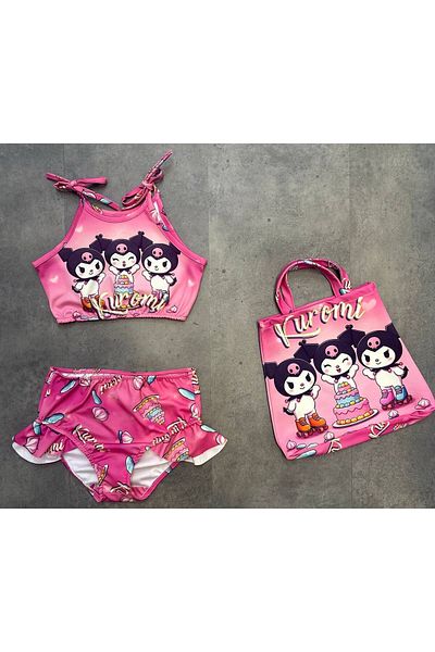 Arya Nisa Kids Girl's Kuromi Birthday Character Printed 3-Piece Bag Summer Diver Fabric Beach Bikini Set