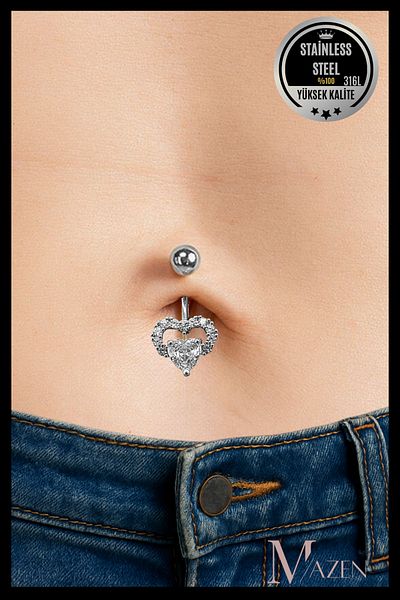 MAZEN Silver Color Heart Stone Belly Piercing |   316L Steel |   Blackening |   Elegant and Sparkling Design