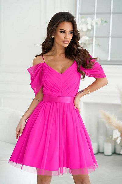 UniqueStore.ro Marzia Pink Dress, Elegant Tulle Dress With Dropped Shoulders