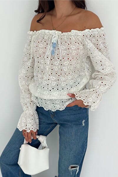 FEMELLE Women's White Brode Lace Madonna Collar Ruffled Long Sleeve Guipure Detail Romantic Design