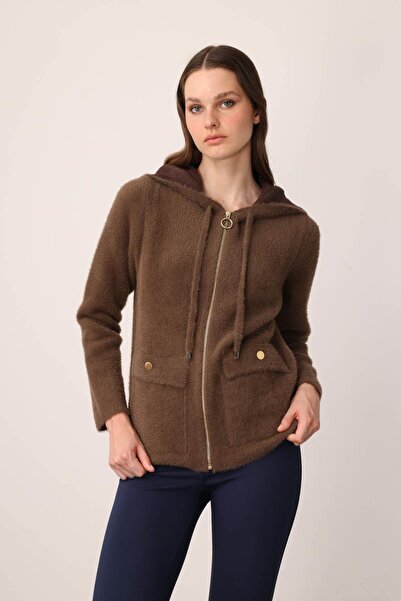 Desen Triko Kadın Kapüşonlu Fermuarlı Kısa Triko Sweatshirt Kahve