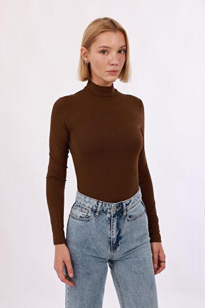 Yade Fashion Kadın Uzun Kollu Balıkçı Yaka Body – Kahverengi