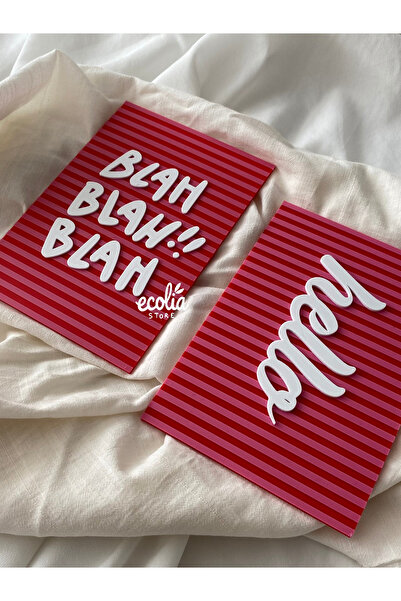 Main Collectibles Hello & Blah Blah Yazılı 2’li Duvar Süsü | Pembe Kırmızı Ta...