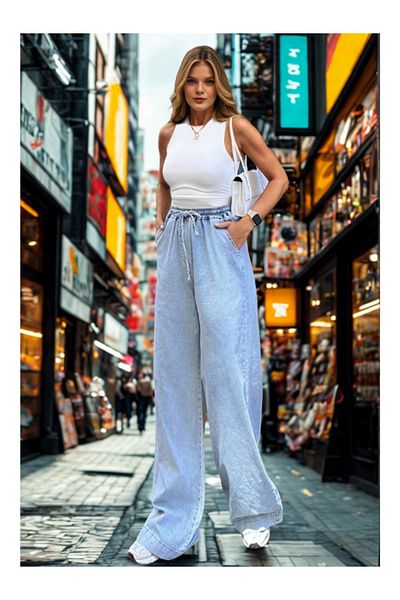 kotmodası Camelia Pantaloni de damă, albastru deschis, cu talie elastică, cu șireturi, buzunare, pantaloni palazzo cu picioare largi - potriviti pentru hijab