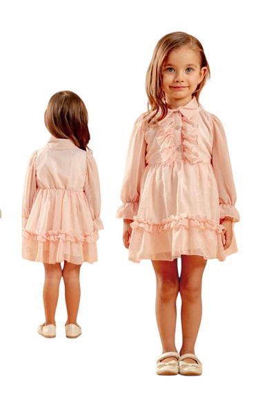 Hafez Kids Luxury Girls Dress Chiffon Ruched Lined Buttoned Collar Hidden Zipper Dress