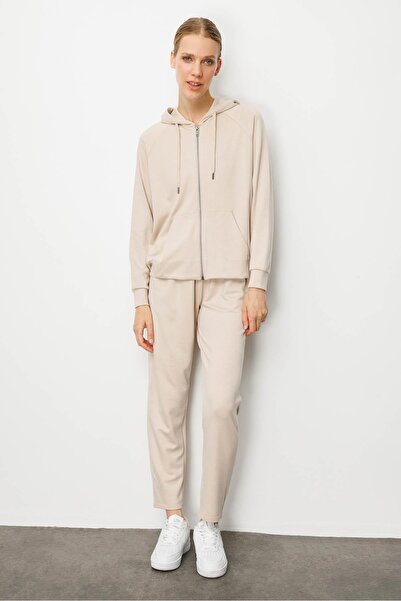 Desen Triko Women's Kangaroo Pocket Sweat Tracksuit Top Beige