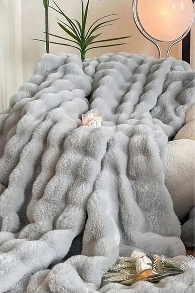 Çeyiz Diyarı مفرش سرير مزدوج من قماش تومريكس بتصميم ريش الأرنب مقاس 220 × 240 سم رمادي