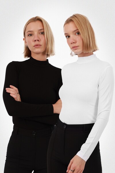 Yade Fashion Kadın Uzun Kollu Balıkçı Yaka Body 2’li Set – Beyaz Siyah