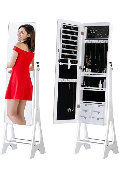 Comfy CLASSIC STANDING LOCKABLE WHITE JEWELLERY CABINET MIRROR