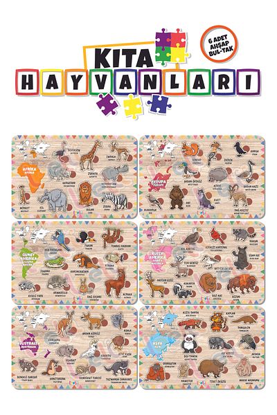 Leelii Tasarım Continental Animals Africa-America-Europe-Asia-Australia Wooden Set of 6, Educational-Learning Puzzle
