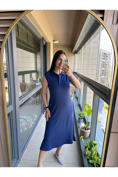 Elif Özbey Butik Navy Blue Polo Neck Zero Sleeve Modal Dress