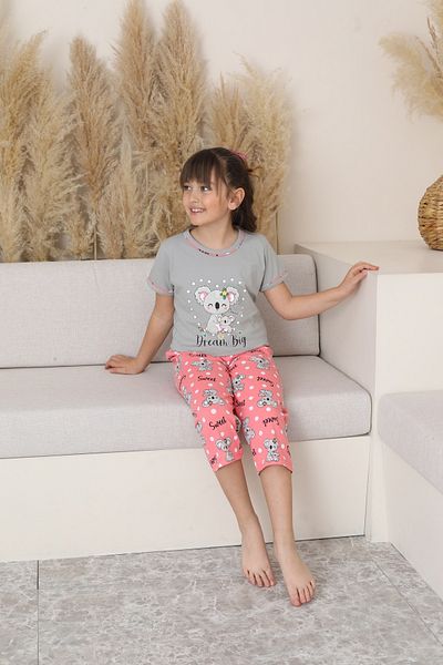 KAPİTEX Mother Daughter Short Sleeve Crew Neck Kuala Printed Gray Color Girls Pajamas Set