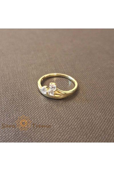 saratremo Flower Ring with 3 White Zirconia Crystals - 14k Gold Plated