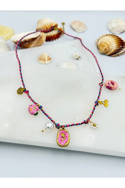 Unzilee Handmade String Necklace with Rose and Fish Motif