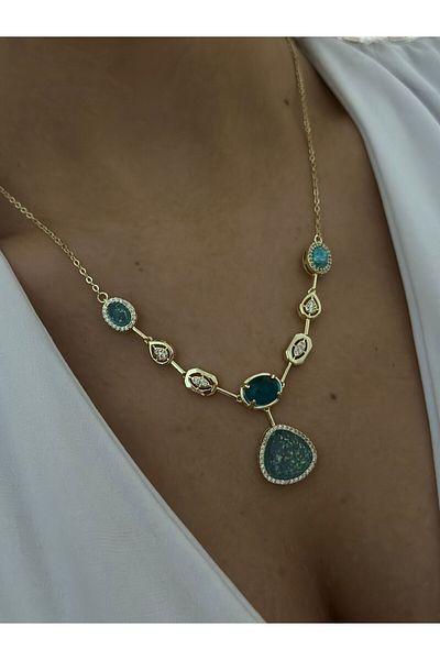MyladyAccessoriess Blue Stone and Geometric Detail Steel Necklace