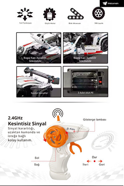 welcomein 1:16 430 Parça Porsche Model Lego Uyumlu Yapım Bloklu Uzaktan Kumandalı RC Araba +6 Yaş