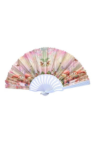 OEM Plastic and Fabric Folding Fan, Flamingo Design, Pastel Colors