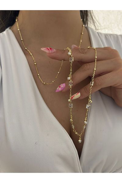 MyladyAccessoriess Pearl and Baguette Stone Detail Necklace (Steel)