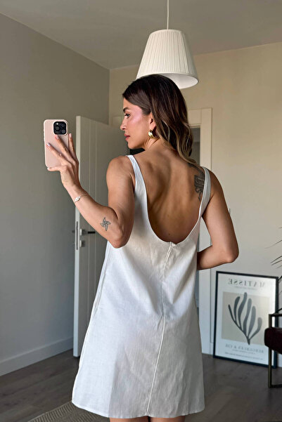 Sue Store Beyaz Sırtı Açık Astarlı Keten Elbise