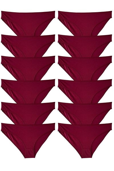 tonda Women's Slip Panties, Burgundy Color Bikini Panties, Cotton Soft Fabric 12 Pack Bikini Panties
