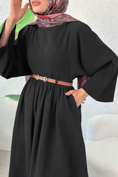 Salih Çelebi Flared Skirt Linen Suit 31287 - Black
